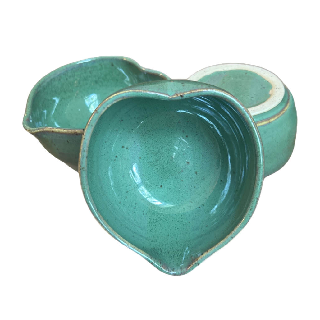 Heart-shaped handcrafted matcha bowl by issiki matcha in teal glaze ceramic 3pc set on Tampa Home & Garden Store
