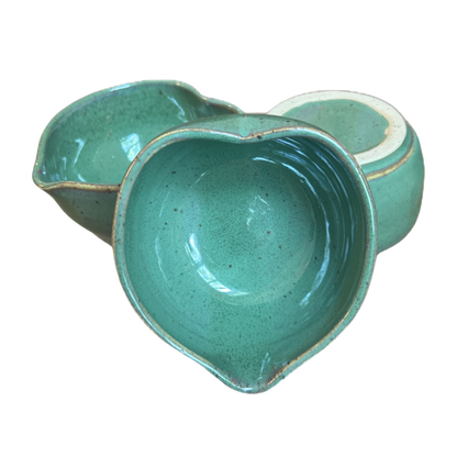 Heart-shaped handcrafted matcha bowl by issiki matcha in teal glaze ceramic 3pc set on Tampa Home & Garden Store