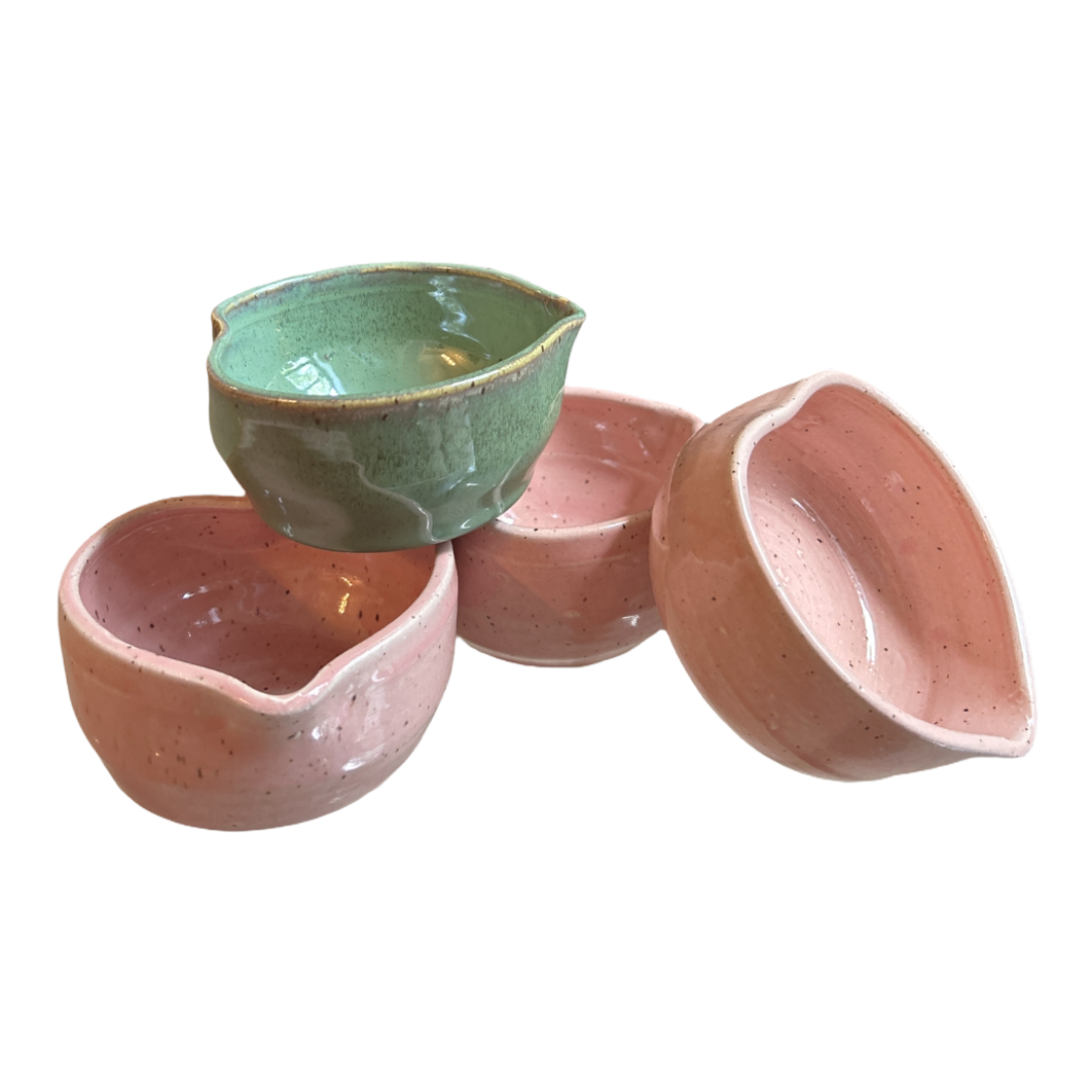Handcrafted heart-shaped matcha bowl set of 4, pink and green ceramic by isshiki matcha on Tampa Home & Garden Store