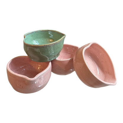 Handcrafted heart-shaped matcha bowl set of 4, pink and green ceramic by isshiki matcha on Tampa Home & Garden Store