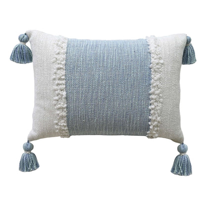 Vibhsa Handloom Woven Throw Pillow With Insert cream sides blue center tassels 4 tassels on Tampa Home & Garden Store
