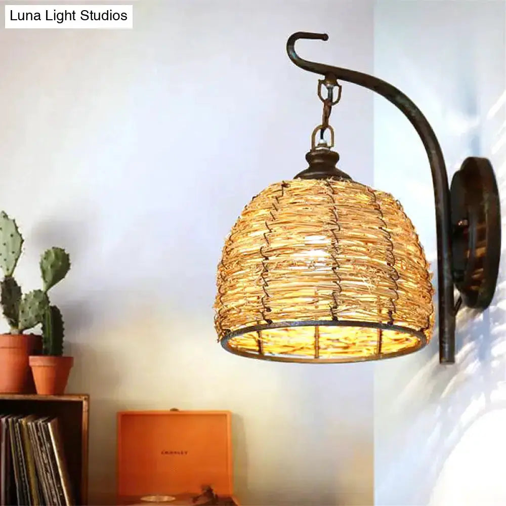 Handmade Asian rattan dome wall sconce, brown finish, Decorbites wall-mounted fixture on Tampa Home & Garden Store