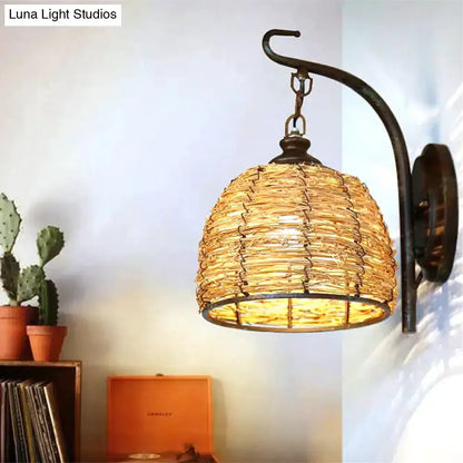 Handmade Asian rattan dome wall sconce, brown finish, Decorbites wall-mounted fixture on Tampa Home & Garden Store