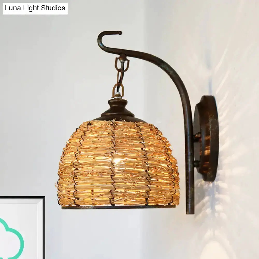 Handmade Asian rattan dome wall sconce, brown shade, mounted with curved metal arm, Decorbites on Tampa Home & Garden Store