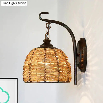 Handmade Asian rattan dome wall sconce, brown shade, mounted with curved metal arm, Decorbites on Tampa Home & Garden Store