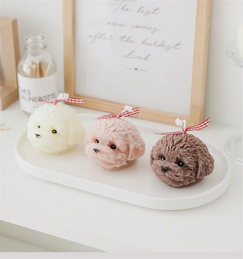 Stevvex teddy bear scented candles trio in ivory pink and brown with red bows on white tray on Tampa Home & Garden Store