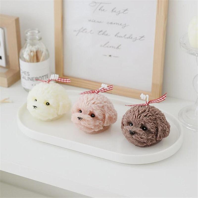 Teddy bear scented candles by Stevvex in cream pink and brown with red bows, three on tray on Tampa Home & Garden Store