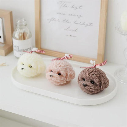 Teddy bear scented candles by Stevvex in cream pink and brown with red bows, three on tray on Tampa Home & Garden Store