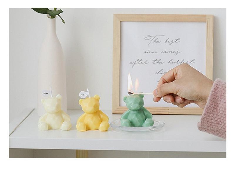 Teddy bear candle trio white yellow green scented candles for birthday cake decor Stevvex on Tampa Home & Garden Store