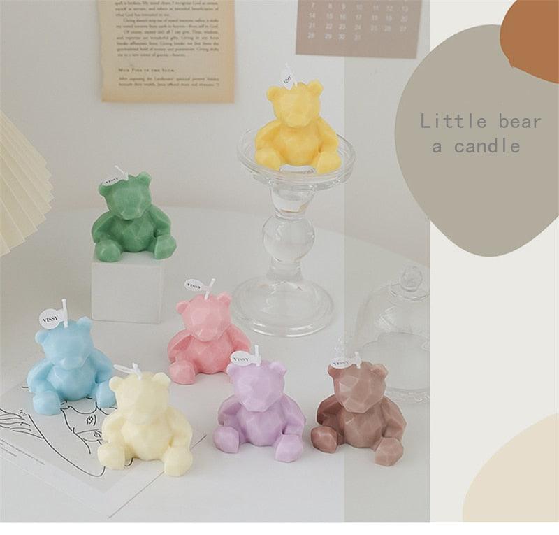 Stevvex pastel teddy bear candle set of 7 in blue green pink purple yellow brown on a glass stand on Tampa Home & Garden Store
