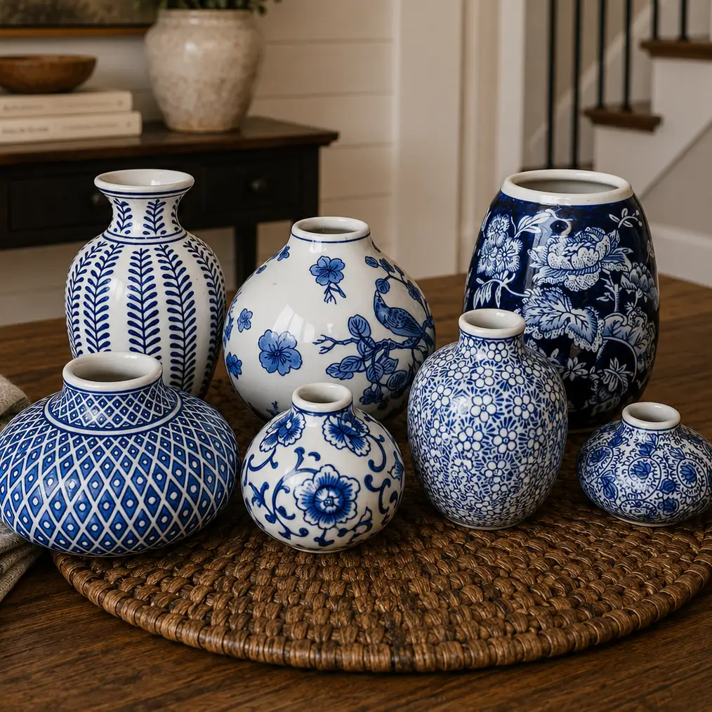 Samira blue porcelain vases set of seven in blue-and-white floral patterns on a woven mat on Tampa Home & Garden Store