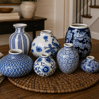 Samira blue porcelain vases set of seven in blue-and-white floral patterns on a woven mat on Tampa Home & Garden Store