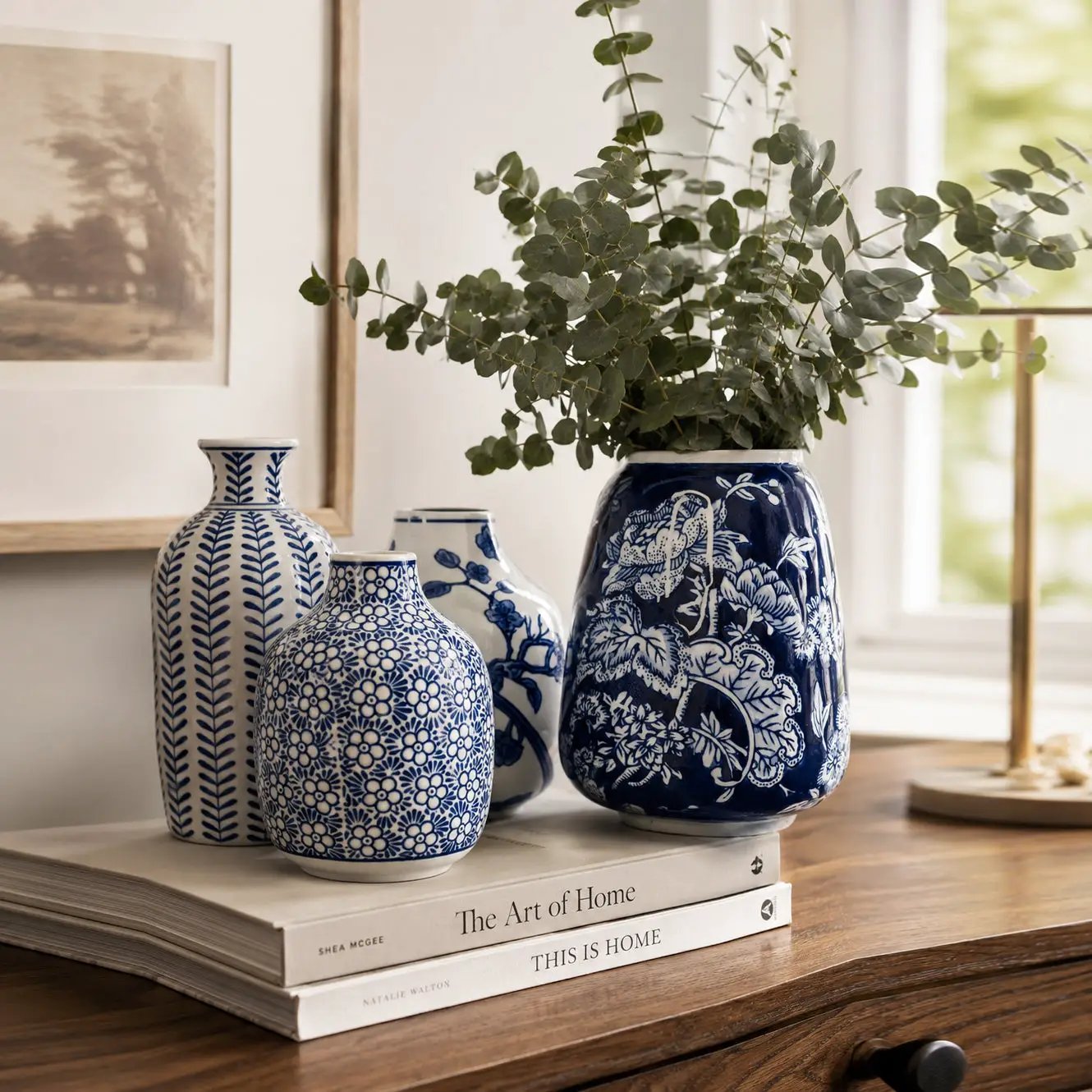 Samira blue porcelain vases set of 3 with white botanical motifs Gia Roma on Tampa Home & Garden Store
