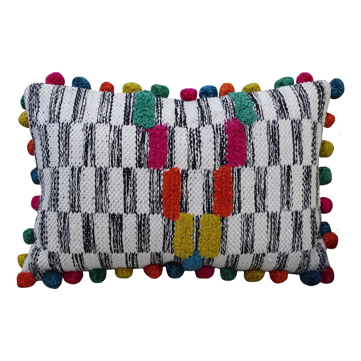 2 throw pillows Vibhsa black and white lumbar 14x24 with multicolor pom-poms on Tampa Home & Garden Store