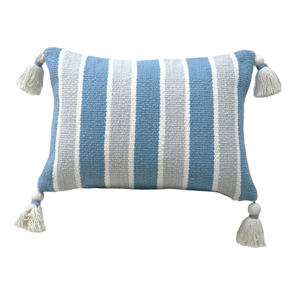 Handwoven corner tassels decorative pillow 14x20 blue and white striped by Vibhsa on Tampa Home & Garden Store