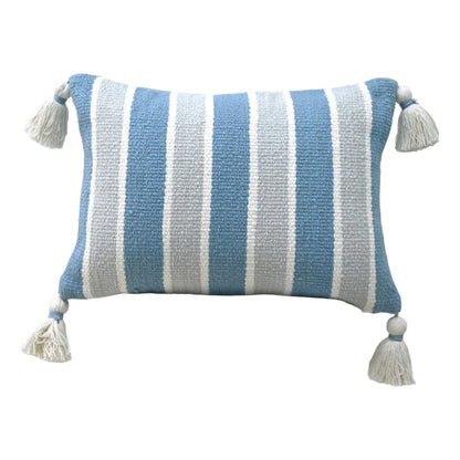 Handwoven corner tassels decorative pillow 14x20 blue and white striped by Vibhsa on Tampa Home & Garden Store