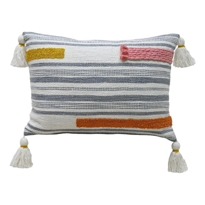 Throw pillow handwoven by Vibhsa with blue striped weave, yellow patch, pink braid, tassels on Tampa Home & Garden Store
