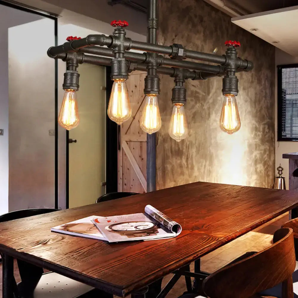 Iron Black Hanging Light pendant with five Edison bulbs on industrial pipe frame on Tampa Home & Garden Store