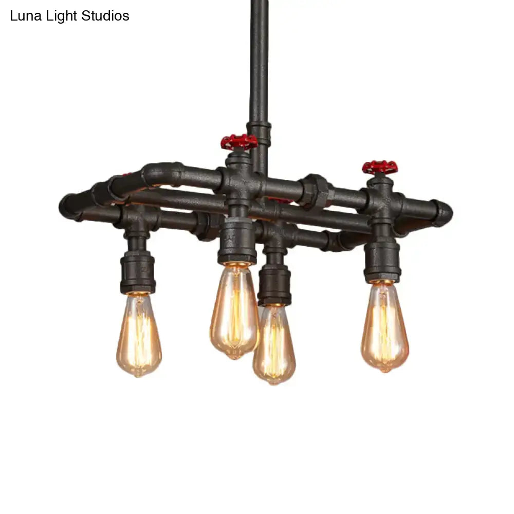 Iron Black Hanging Light pendant with industrial iron pipe frame and four Edison bulbs on Tampa Home & Garden Store