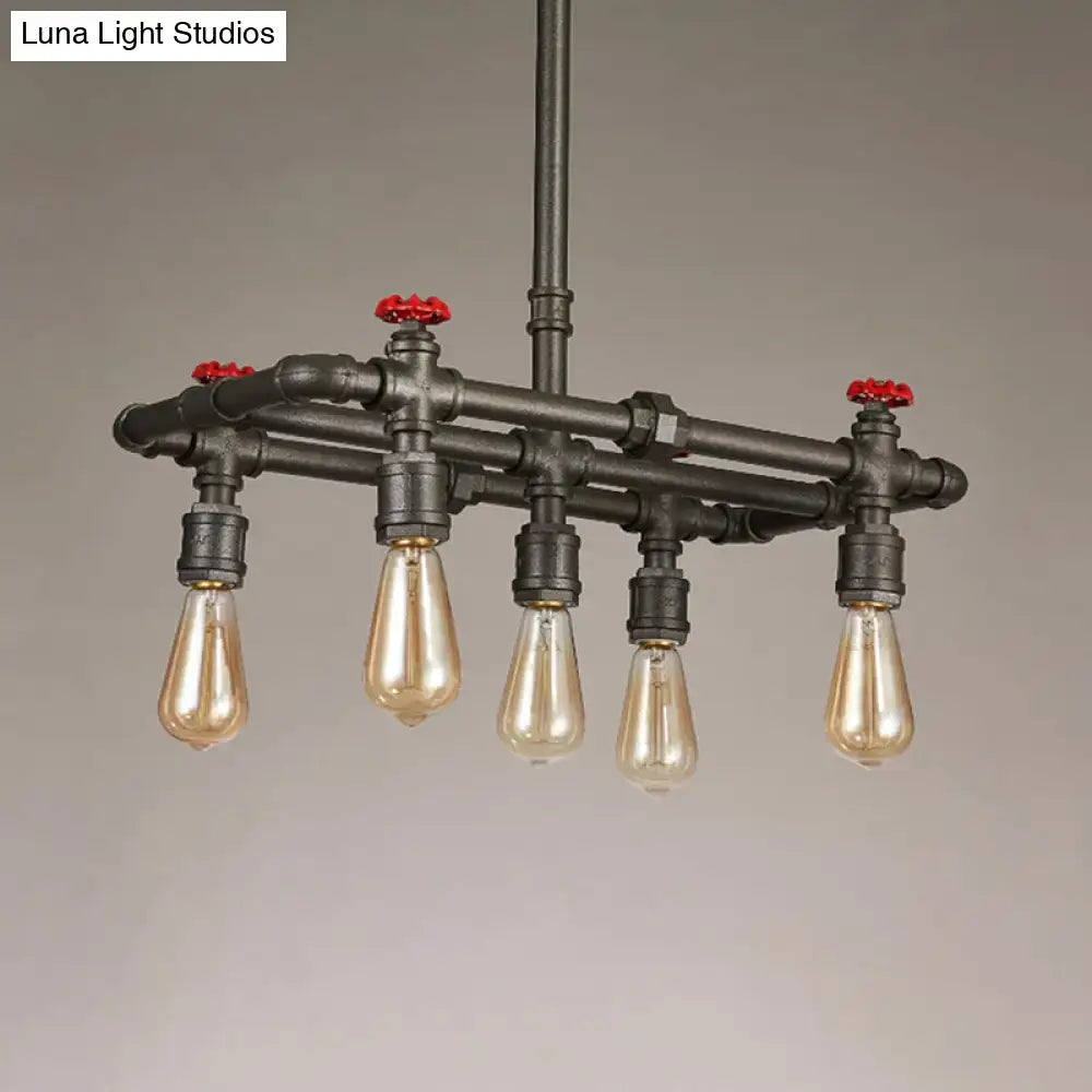 Iron Black pendant light fixture with industrial pipe frame and six Edison bulbs on Tampa Home & Garden Store