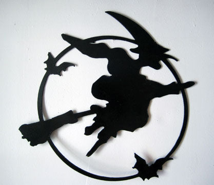 Scary flying witch metal wall hanging decor black silhouette with broom for Halloween on Tampa Home & Garden Store
