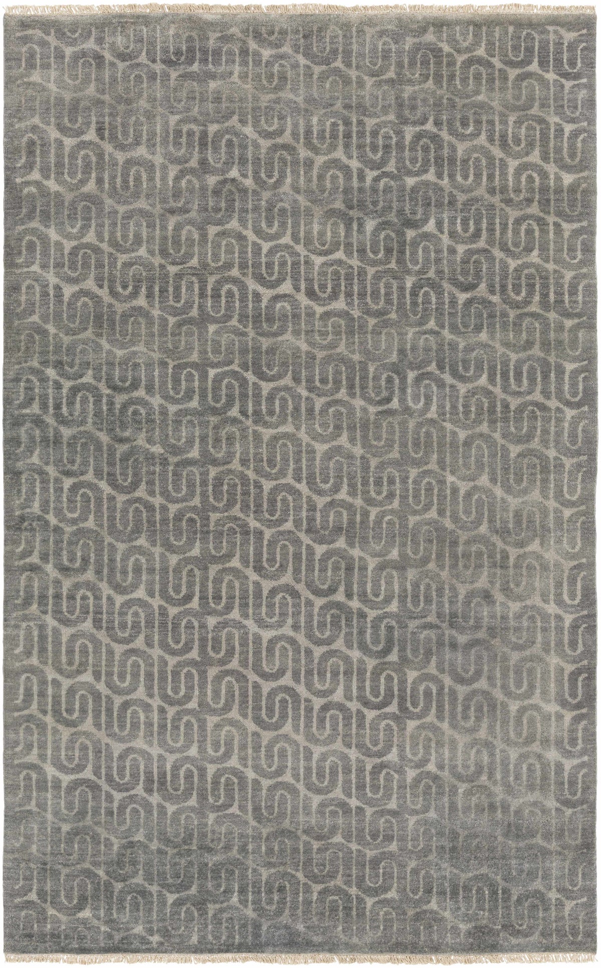 Hannaford Wool Carpet rug with grey geometric chain-link pattern and fringe edges on Tampa Home & Garden Store