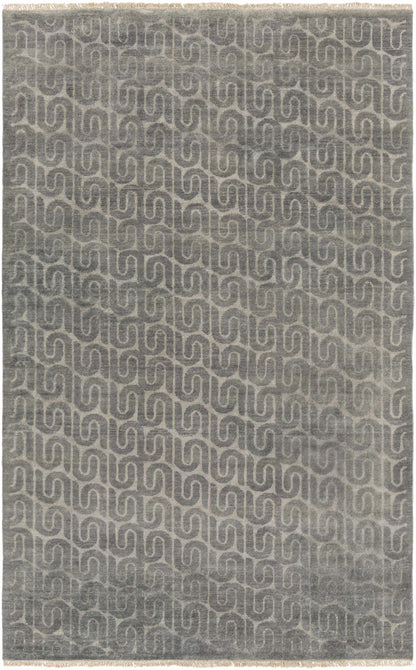 Hannaford Wool Carpet rug with grey geometric chain-link pattern and fringe edges on Tampa Home & Garden Store