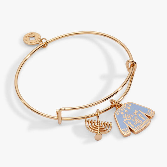 Bracelet: rose gold Alex and Ani bangle with 2 charms, menorah and blue enamel tag on Tampa Home & Garden Store