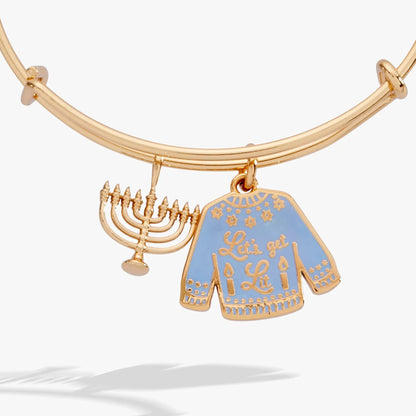 Gold-tone Hanukkah menorah bangle bracelet with enamel charm and Lets Get Lit ALEX AND ANI on Tampa Home & Garden Store