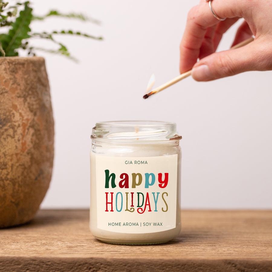 Candle Gia Roma Happy Holidays in a clear glass jar with a colorful label and soy wax on Tampa Home & Garden Store