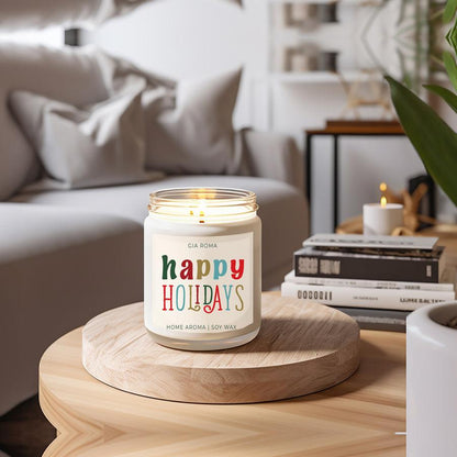 Happy Holiday Candle Gia Roma white jar with Happy Holidays label lit wick on coaster on Tampa Home & Garden Store
