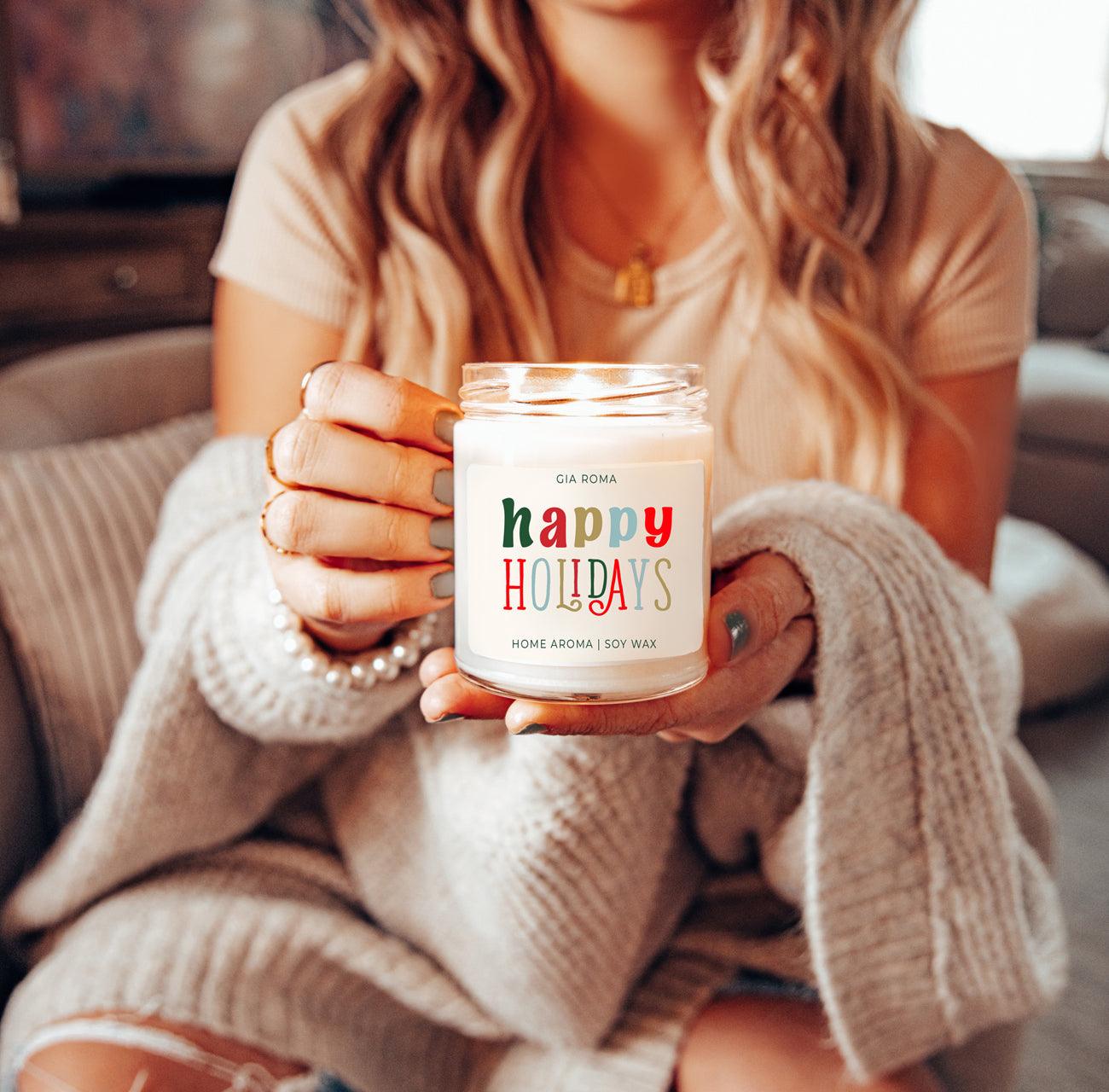 Happy Holiday Candle by Gia Roma, white soy wax in a clear glass jar with a colorful label on Tampa Home & Garden Store