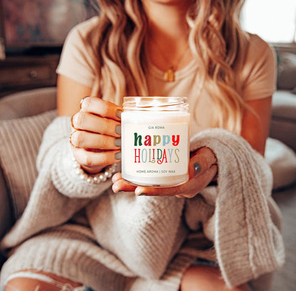 Happy Holiday Candle by Gia Roma, white soy wax in a clear glass jar with a colorful label on Tampa Home & Garden Store