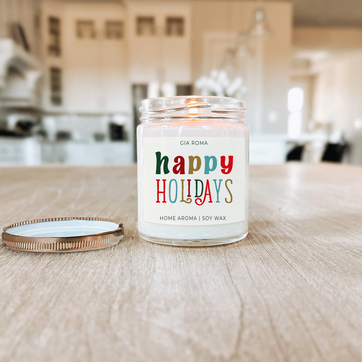 Candle Gia Roma Happy Holidays soy wax in a clear glass jar with copper lid on Tampa Home & Garden Store