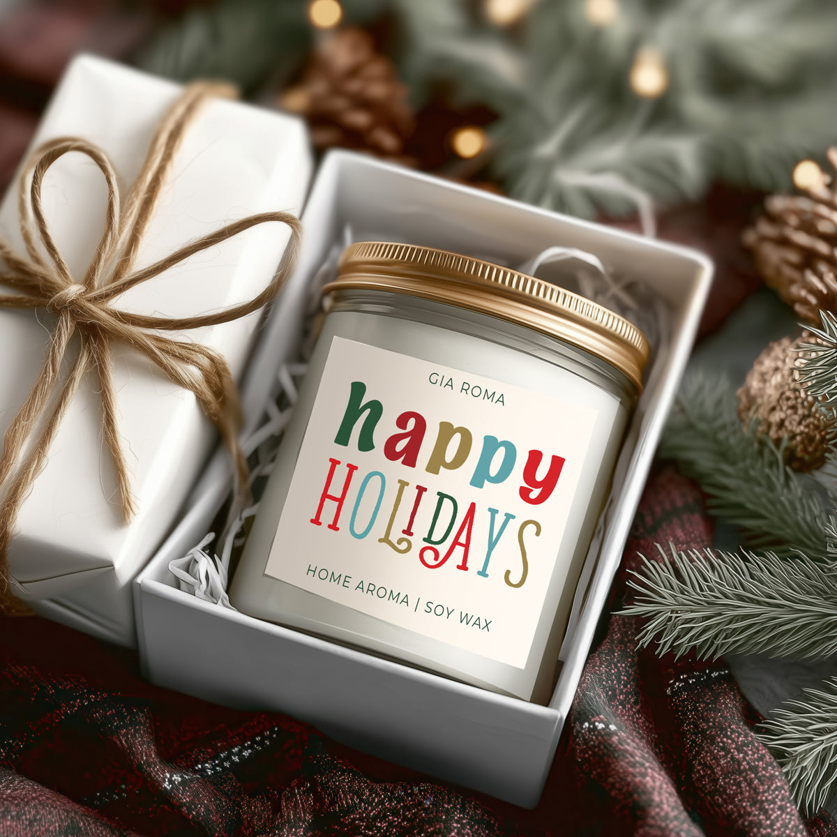 Happy Holiday Candle by Gia Roma in a white jar with a gold lid, gift-ready with colorful label on Tampa Home & Garden Store