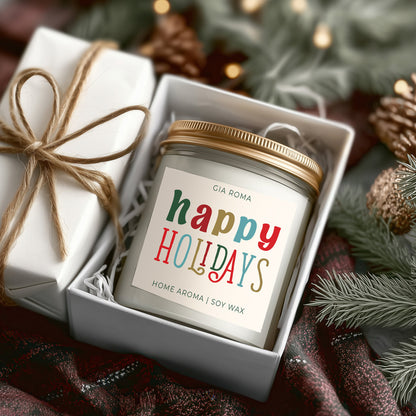 Happy Holiday Candle by Gia Roma in a white jar with a gold lid, gift-ready with colorful label on Tampa Home & Garden Store