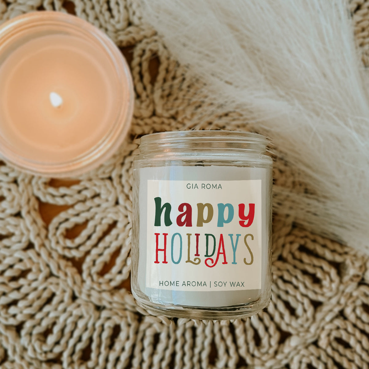 Candle Gia Roma Happy Holidays soy wax in a clear glass jar with a multicolor HOLIDAYS label on Tampa Home & Garden Store