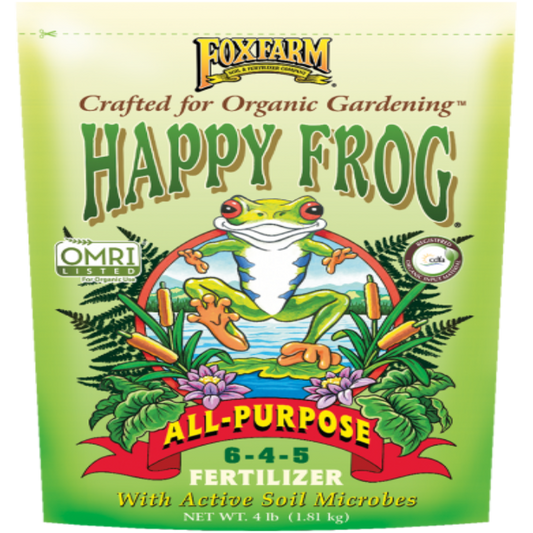 Happy Frog All-Purpose Dry Fertilizer bag with active soil microbes, FoxFarm, 4 lb on Tampa Home & Garden Store