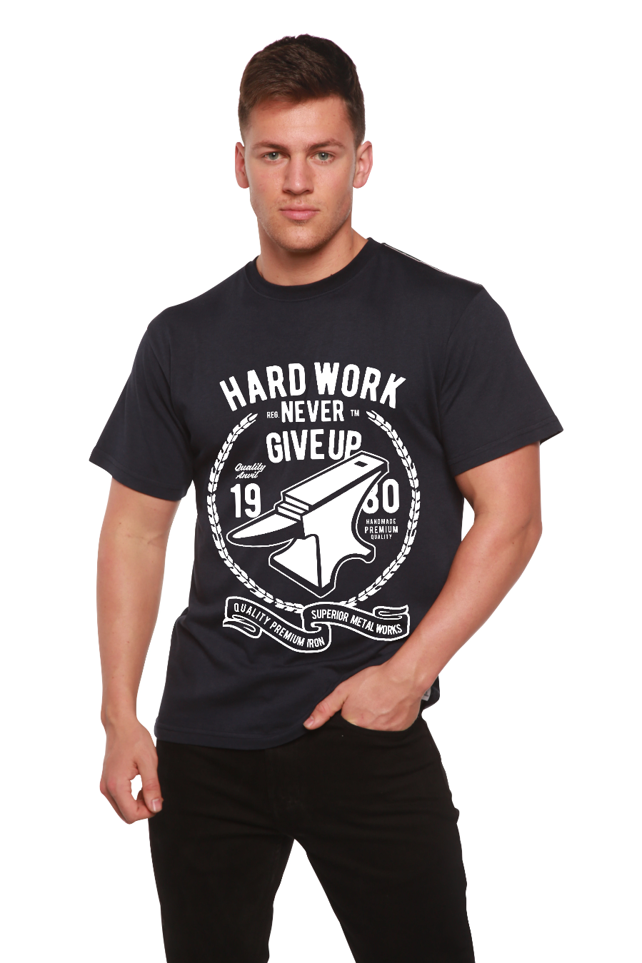 Hard Work Anvil men's bamboo tee black with white printed anvil graphic on Tampa Home & Garden Store
