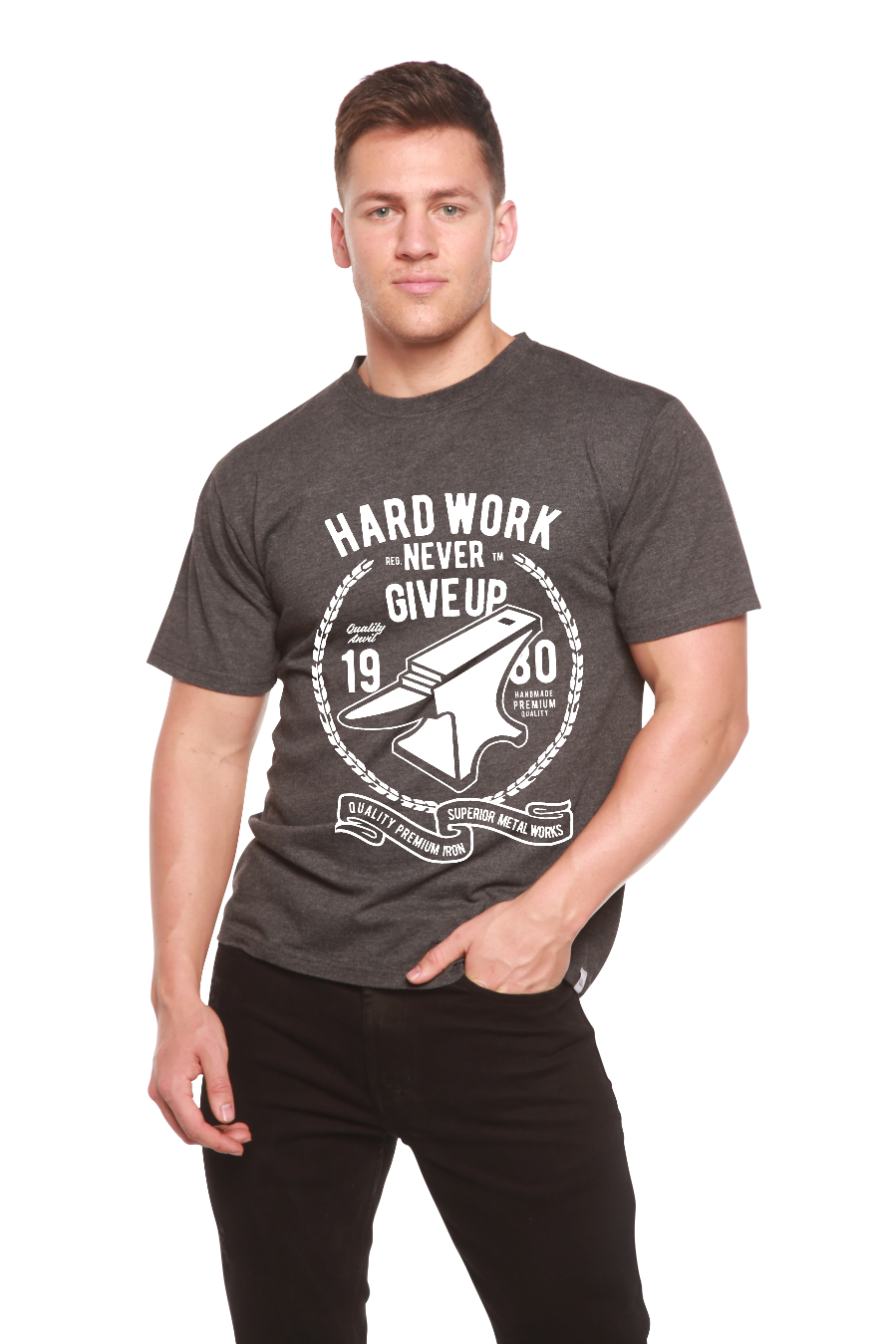 Hard Work Anvil men's bamboo viscose/organic cotton graphic tee in charcoal gray Spun Bamboo on Tampa Home & Garden Store