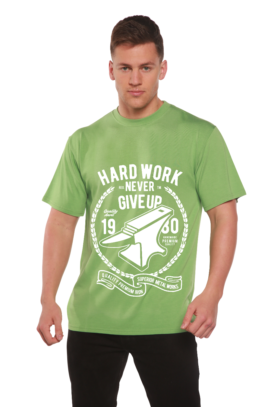 Hard Work Anvil men's bamboo viscose/organic cotton tee in green with white anvil graphic on Tampa Home & Garden Store
