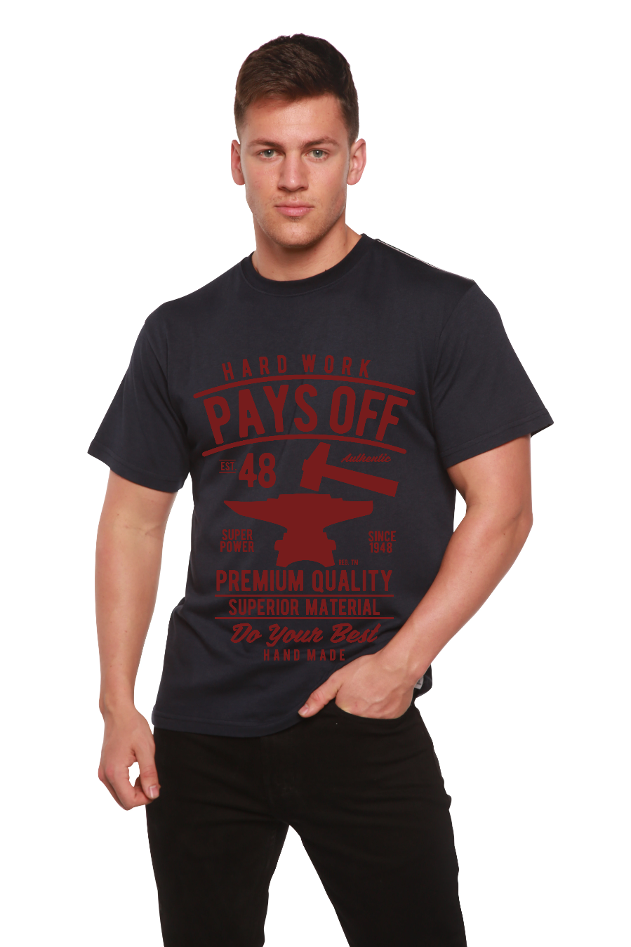 Hard Work Pays men's bamboo viscose/organic cotton graphic tee navy short sleeve on Tampa Home & Garden Store