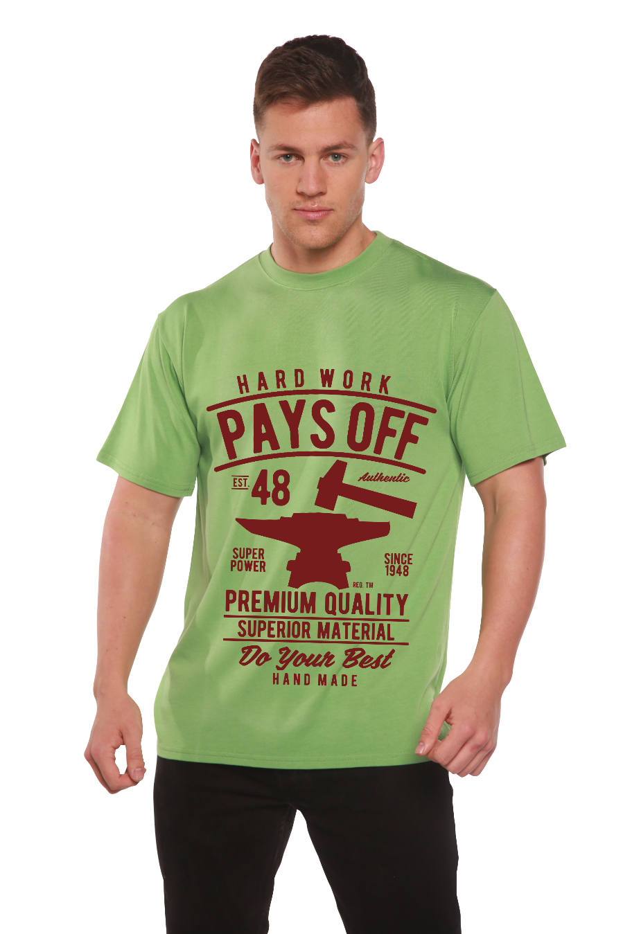 Spun Bamboo Hard Work Pays Off men's T-shirt, green bamboo viscose/organic cotton on Tampa Home & Garden Store