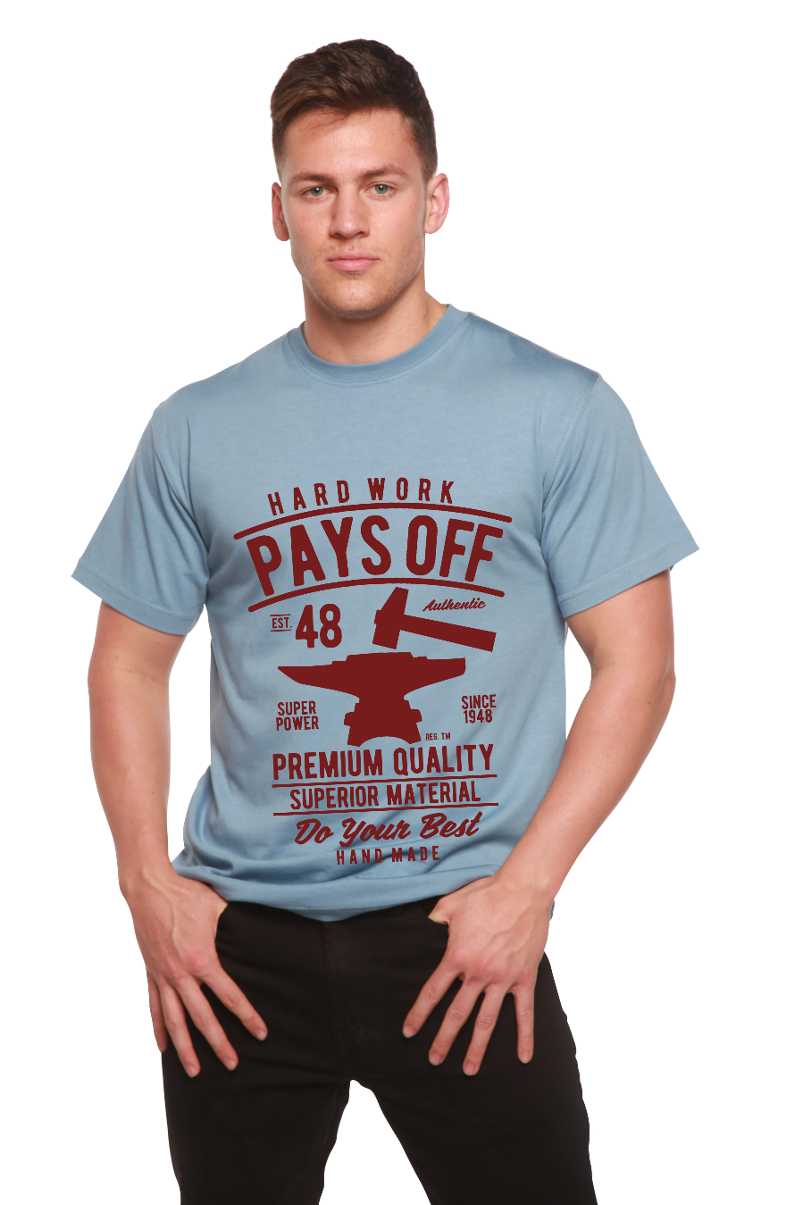 Hard Work Pays men's bamboo viscose/organic cotton tee light blue with red print Spun Bamboo on Tampa Home & Garden Store