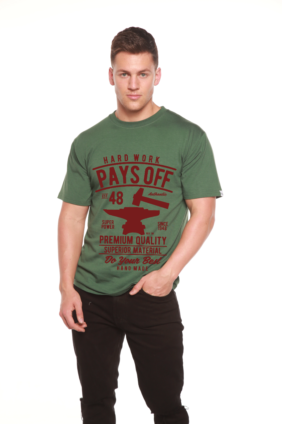 Olive green mens graphic tee with red Hard Work Pays Off print by Spun Bamboo bamboo viscose/cotton on Tampa Home & Garden Store