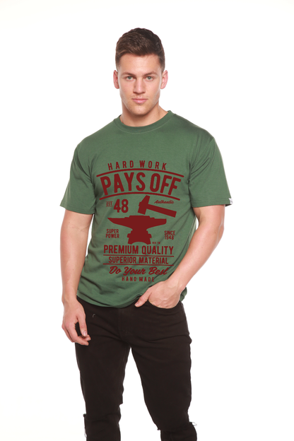 Olive green mens graphic tee with red Hard Work Pays Off print by Spun Bamboo bamboo viscose/cotton on Tampa Home & Garden Store