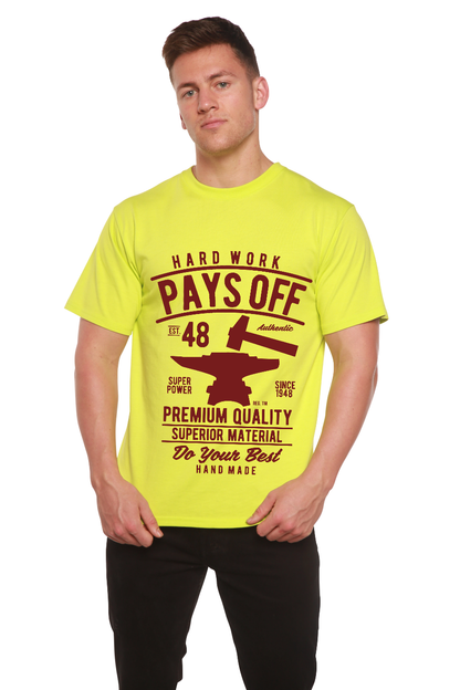 Men's neon yellow T-shirt with burgundy print, bamboo viscose/organic cotton by Spun Bamboo on Tampa Home & Garden Store
