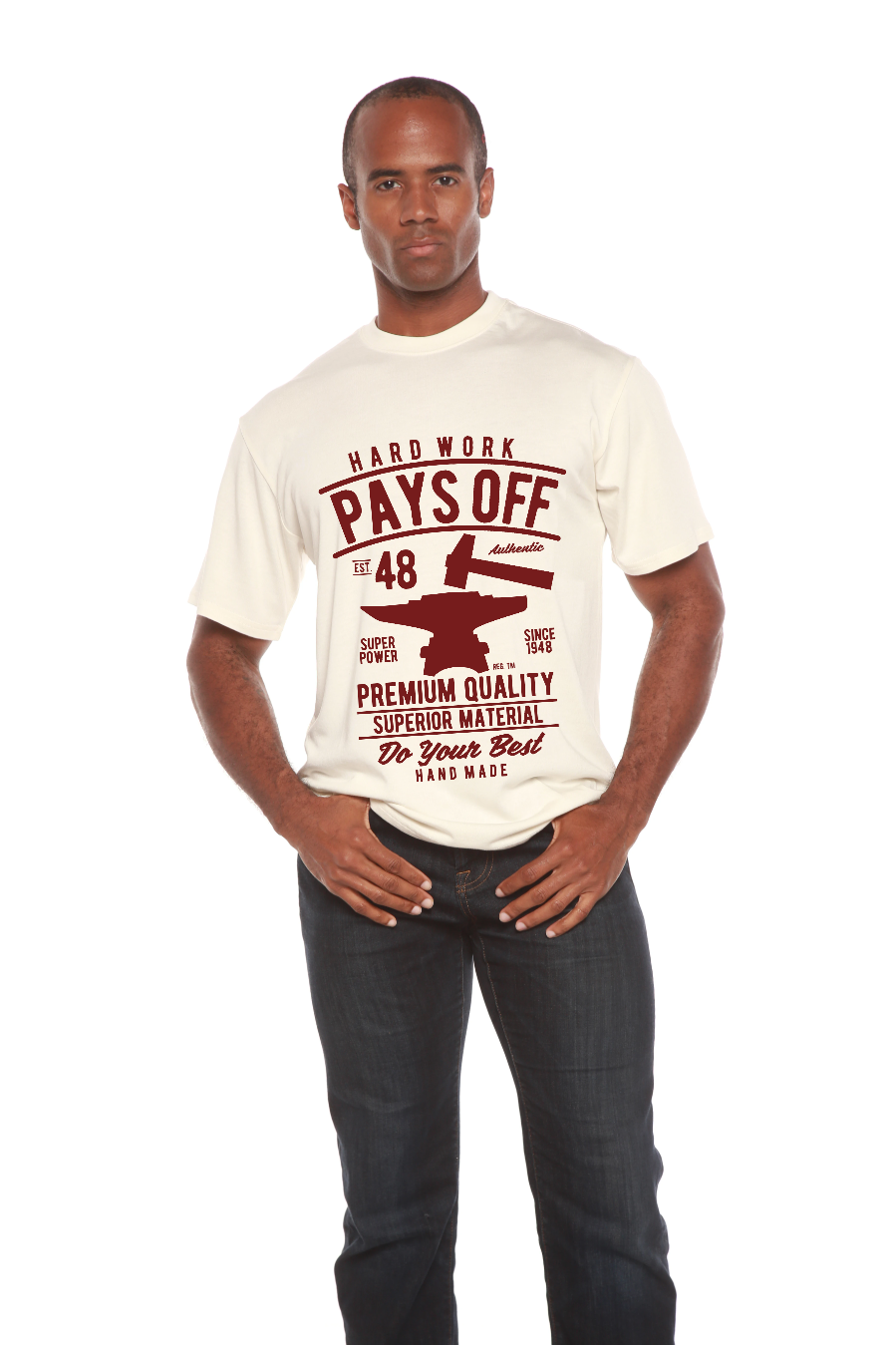 Hard Work Pays men's bamboo viscose/organic cotton tee, cream with burgundy print, Spun Bamboo on Tampa Home & Garden Store
