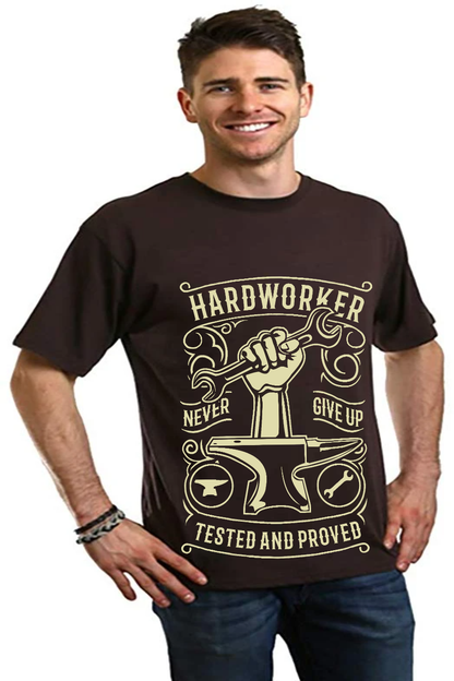 Hard Worker men's bamboo viscose organic cotton graphic tee dark brown with hammer motif on Tampa Home & Garden Store