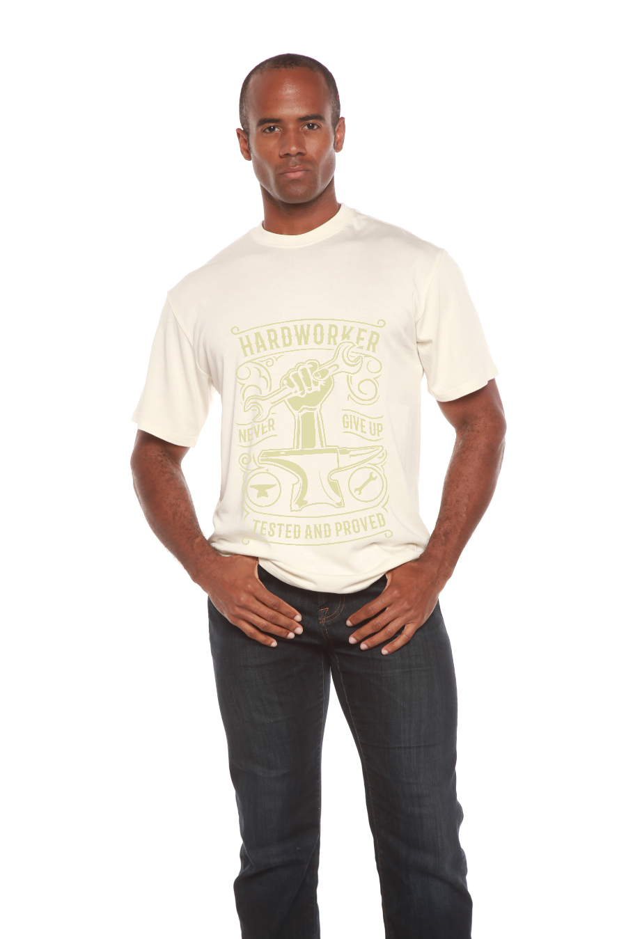 Hard Worker men's bamboo viscose/organic cotton graphic T-shirt, cream, Spun Bamboo on Tampa Home & Garden Store